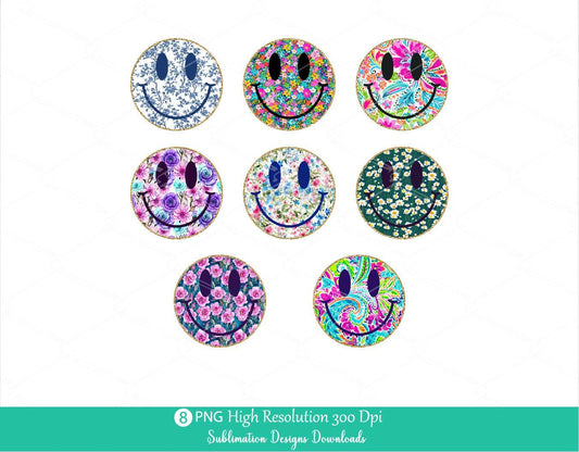 Floral Smiley Face PNG Bundle, Bright Vibrant colorful flowers Smile Faces with Gold Glitter Outline Happy Vibes Daisy Blue Chinoiserie