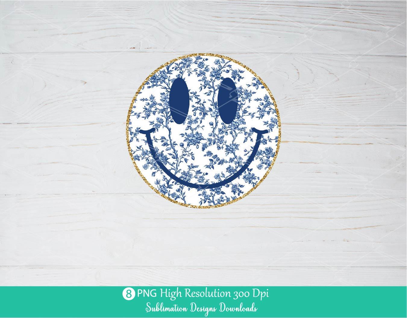 Floral Smiley Face PNG Bundle, Bright Vibrant colorful flowers Smile Faces with Gold Glitter Outline Happy Vibes Daisy Blue Chinoiserie