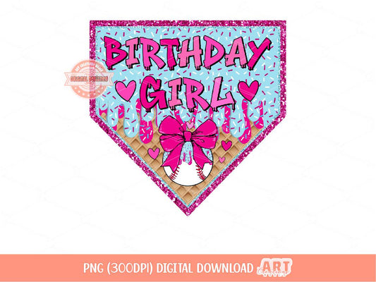 Birthday Girl Drip Home Plate PNG, Pink Sprinkle Drippy Ice Cream Coquette Baseball Girls Png Sublimation dtf Shirt Design Digital Download
