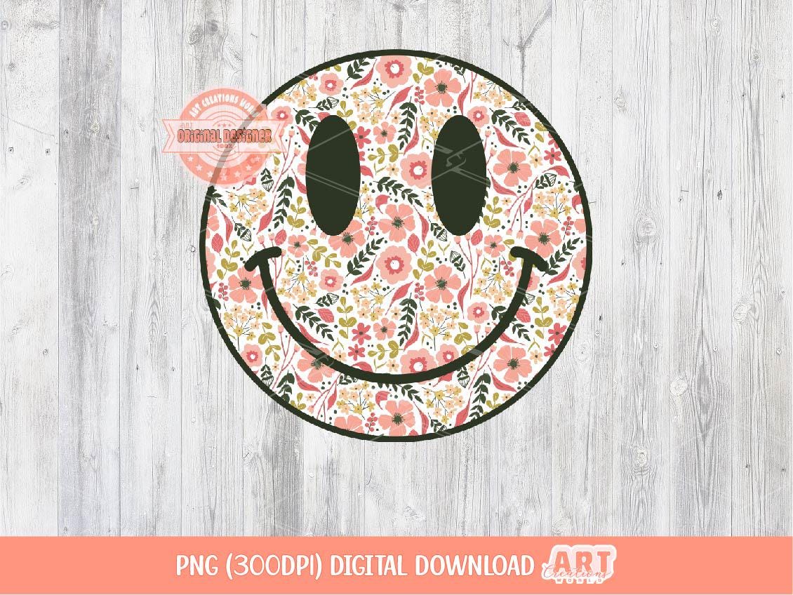 Boho Floral Smiley Face PNG, Melon Daisy Flowers Smile Happy Face Trendy Sublimation & dtf Design Digital Download