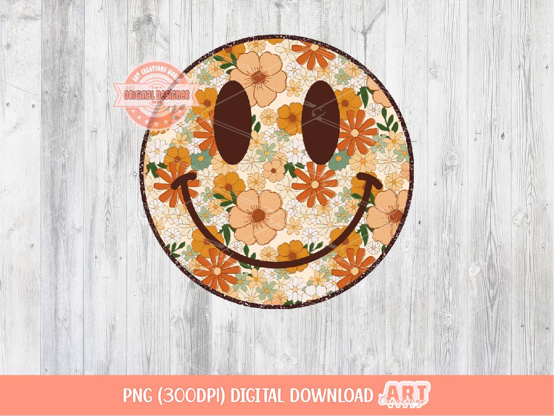 Retro Groovy Floral Smiley Face PNG, Trendy Sublimation Shirt Design