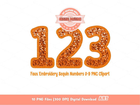Orange Faux Embroidery Sequin Numbers PNG, Original Designer Bright Orange Glitter Sequins Numbers Set 0-9 Clipart PNG Digital Download