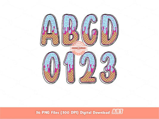 Sprinkle Drip Doodle Alphabet PNG, Hand Drawn Drippy Pink Blue Ice Cream letters, numbers 0-9 Clipart Waffle Cone Alpha set Digital Download