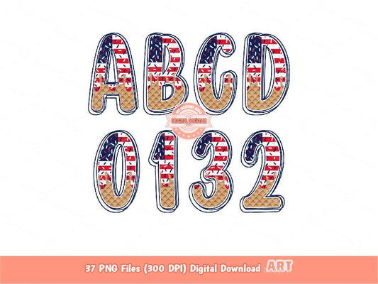 4th of July Sprinkle Drip Doodle Alphabet PNG, Drippy Red white navy Blue US Ice Cream letters numbers 0-9 Clipart Waffle Alpha set Digital