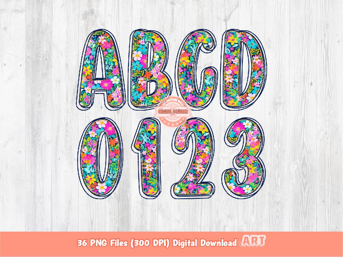 Floral Alphabet PNG, Hand Drawn Flower Letters & Numbers Clipart (Digital Download)