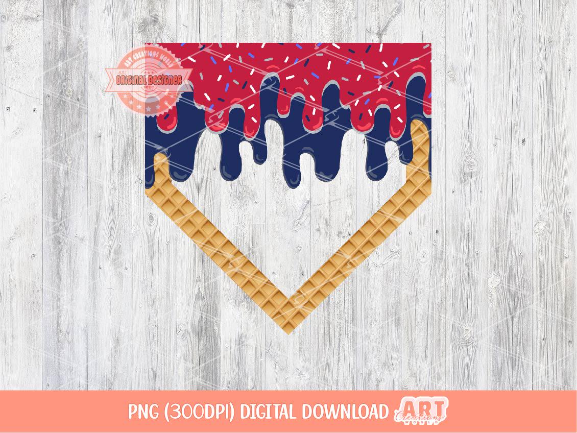 Red Navy Drip Home Plate PNG, Patriotic Baseball Ice Cream Cone Sublimation Shirt Design