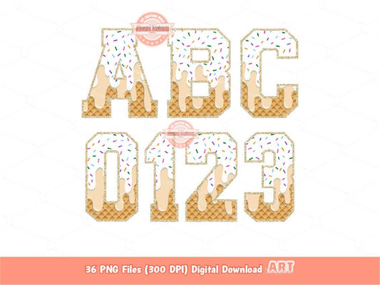 Sprinkle Drip Varsity Alphabet PNG, Drippy White Vanilla Ice Cream Sport letters, numbers 0-9 Clipart Waffle Cone Alpha Set Digital Download