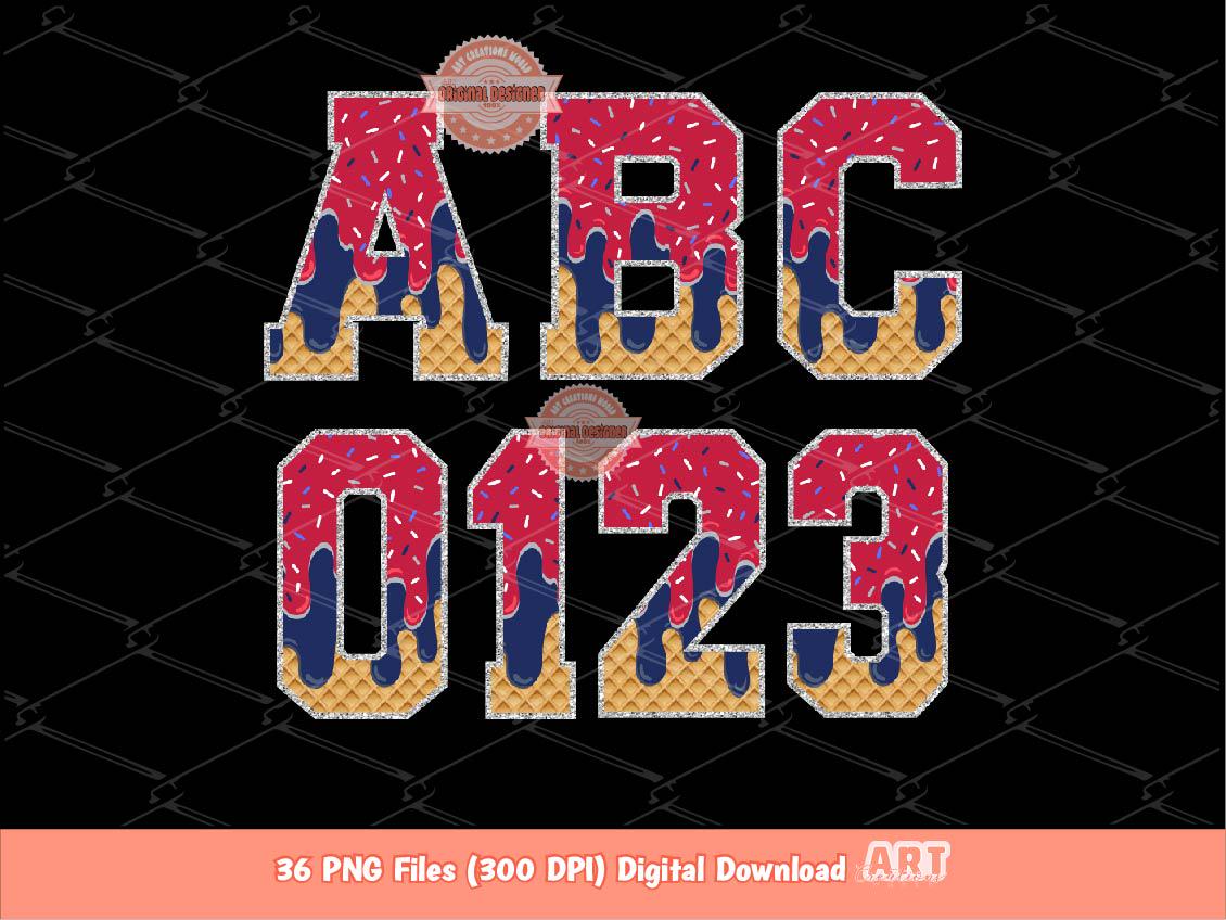 Red Navy Drip Varsity Alphabet PNG, Patriotic Drippy Ice Cream Letters & Numbers Clipart