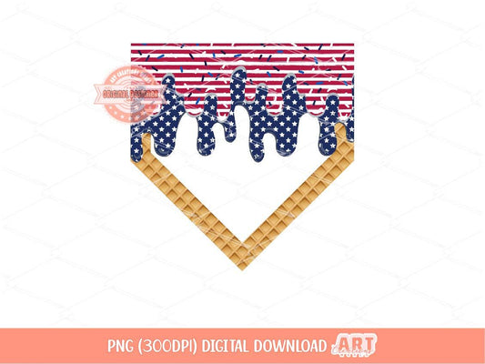 4th of July Sprinkle Drip Home Plate PNG, Red white navy Patriotic Baseball ice cream waffle Png Sublimation & dtf Design Digital Download