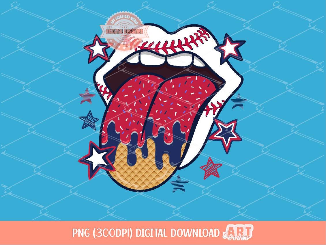 Sprinkle Drip Patriotic Baseball Tongue PNG, Drippy Red & Navy Blue ice cream waffle Lips Clipart Sublimation, dtf Design Digital Download