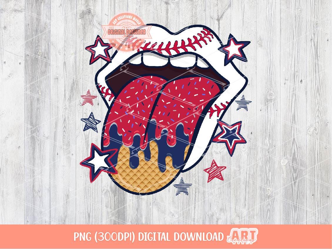 Sprinkle Drip Patriotic Baseball Tongue PNG, Drippy Red & Navy Blue ice cream waffle Lips Clipart Sublimation, dtf Design Digital Download