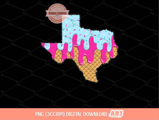 Sprinkle Drip Texas PNG, Custom Drippy Pink and Blue Ice Cream US State ice cream Png for Sublimation & dtf Design Digital Download