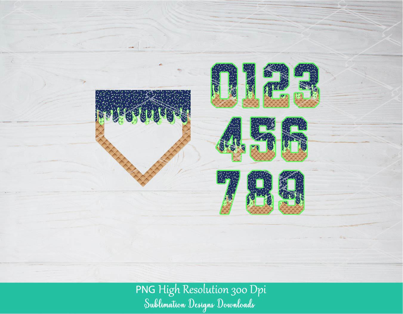 Sprinkle Drip Home Plate and Numbers PNG Bundle Clipart, Navy & Lime Green Drippy Ice cream Cone Waffle Trendy Sport Baseball softball