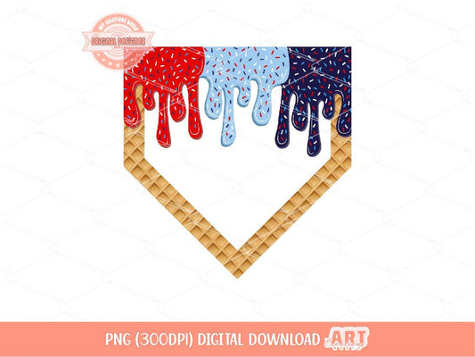 Red Navy Blue Sprinkle Drip Home Plate PNG, 4th of July Patriotic Baseball Diamond ice cream Png Sublimation & dtf Design Digital Download