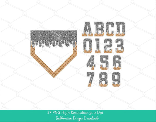 Grey Sprinkle Drip Home Plate Alphabet Set PNG Bundle, Gray and White Drippy Ice cream Cone Waffle Trendy Sport Alpha Letters & Number 0-9