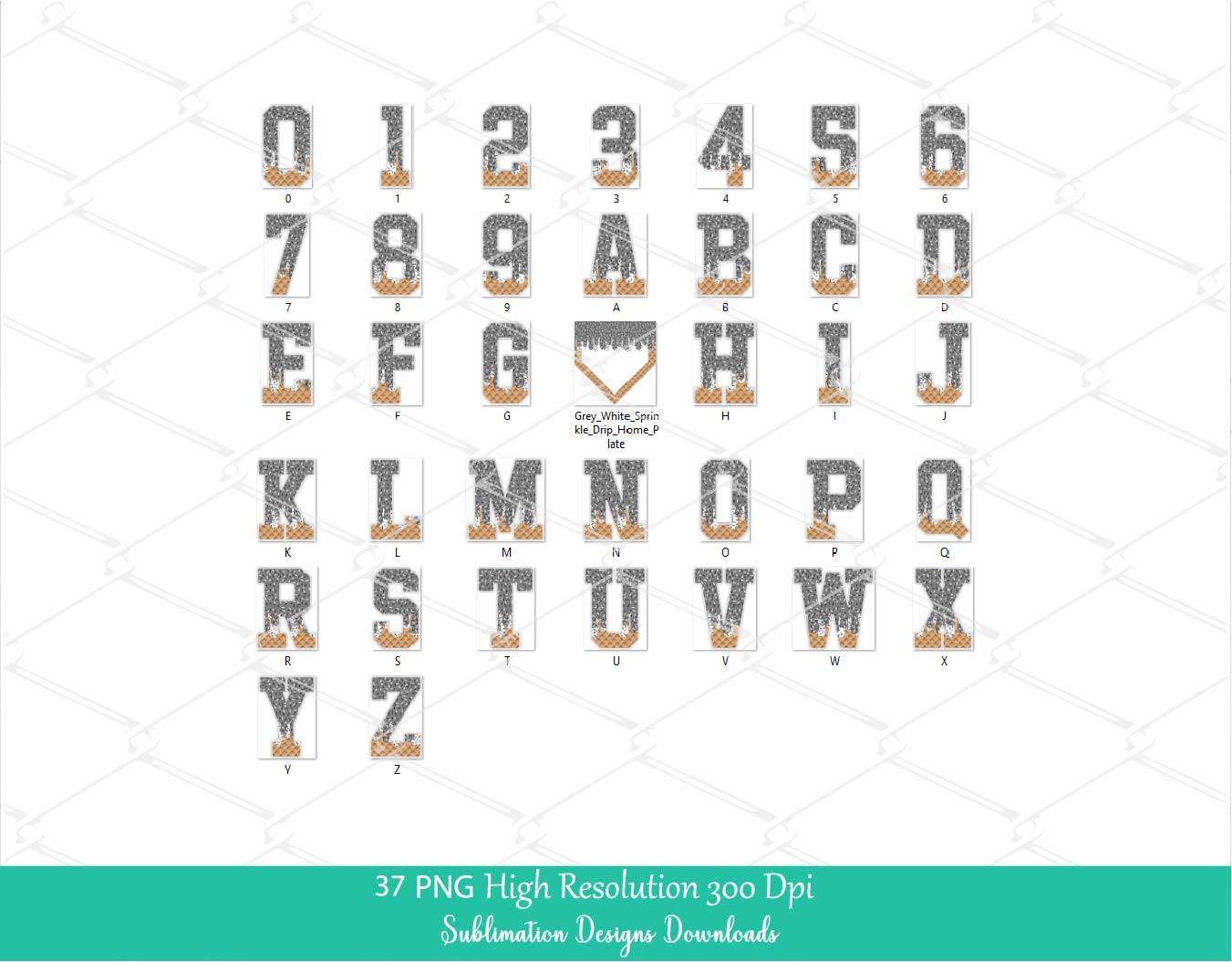 Grey Sprinkle Drip Home Plate Alphabet Set PNG Bundle, Gray and White Drippy Ice cream Cone Waffle Trendy Sport Alpha Letters & Number 0-9