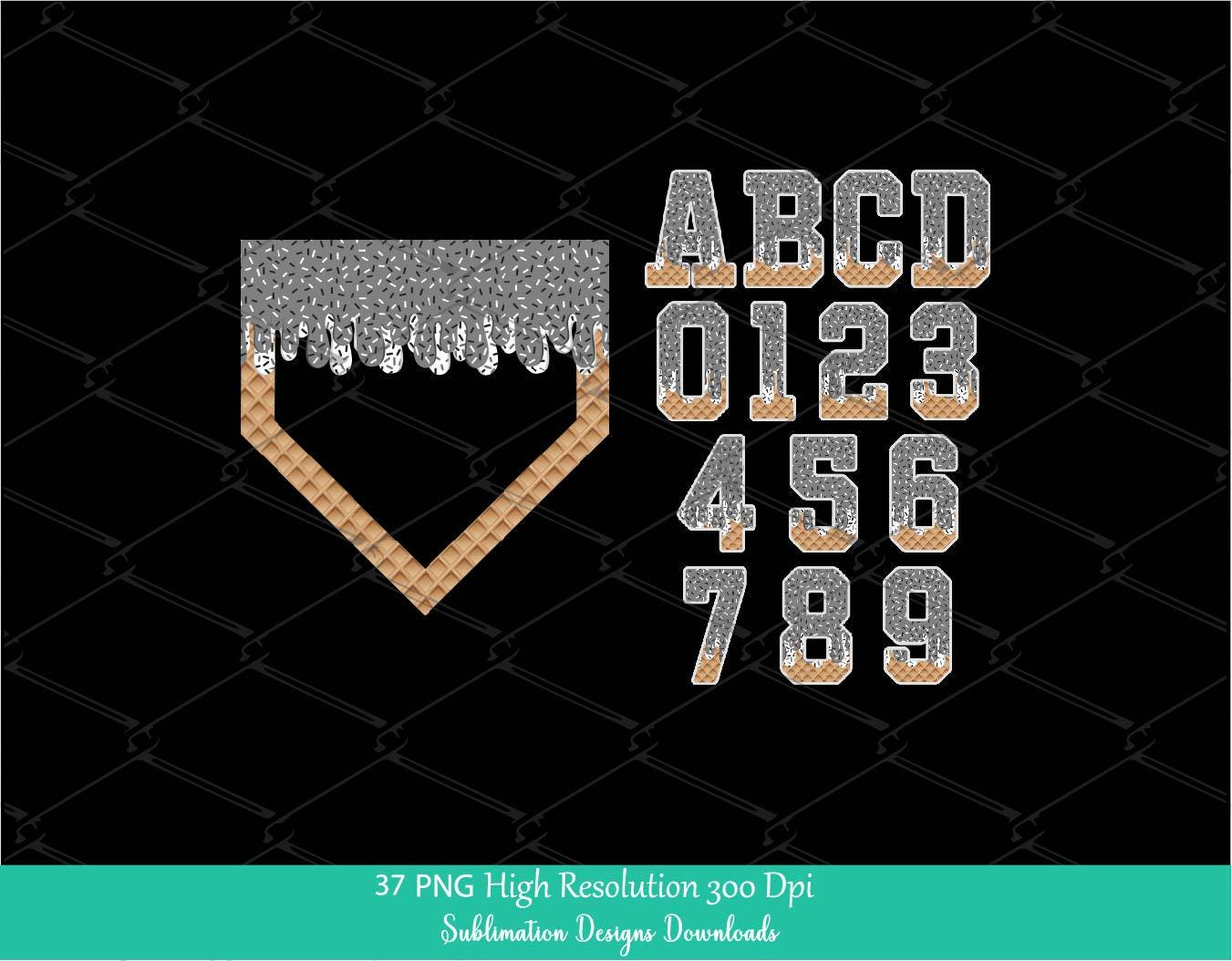 Grey Sprinkle Drip Home Plate Alphabet Set PNG Bundle, Gray and White Drippy Ice cream Cone Waffle Trendy Sport Alpha Letters & Number 0-9