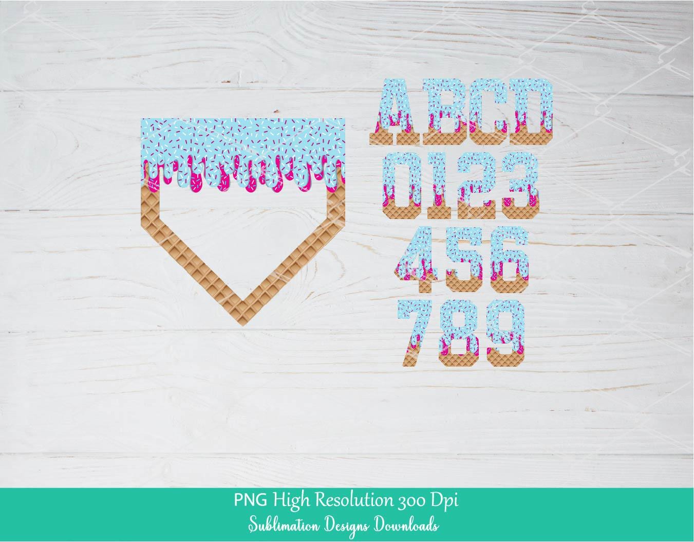 Sprinkle Drip Home Plate Alphabet Set PNG Bundle, Pink & Blue Drippy Ice cream Cone Waffle Trendy Sport Alpha Png, Letters and Number