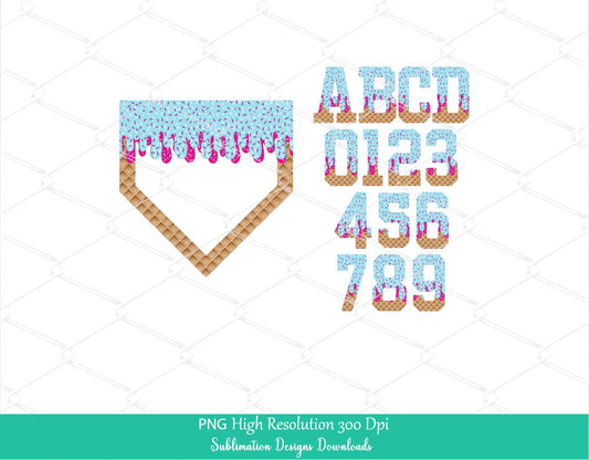 Sprinkle Drip Home Plate Alphabet Set PNG Bundle, Pink & Blue Drippy Ice cream Cone Waffle Trendy Sport Alpha Png, Letters and Number