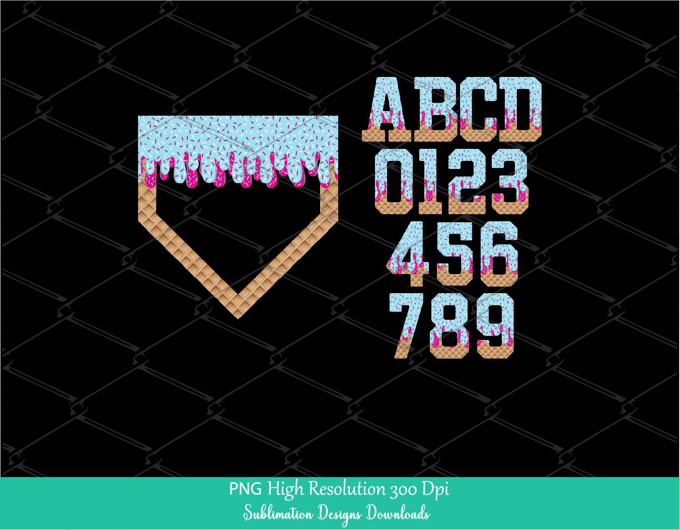 Sprinkle Drip Home Plate Alphabet Set PNG Bundle, Pink & Blue Drippy Ice cream Cone Waffle Trendy Sport Alpha Png, Letters and Number