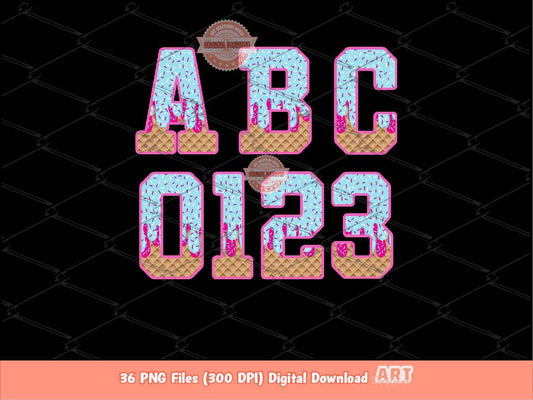 Sprinkle Drip Varsity Alphabet PNG, Drippy Pink & Blue Ice-Cream Sport letters, numbers 0-9 Clipart, Waffle Cone Alpha Set Digital Download