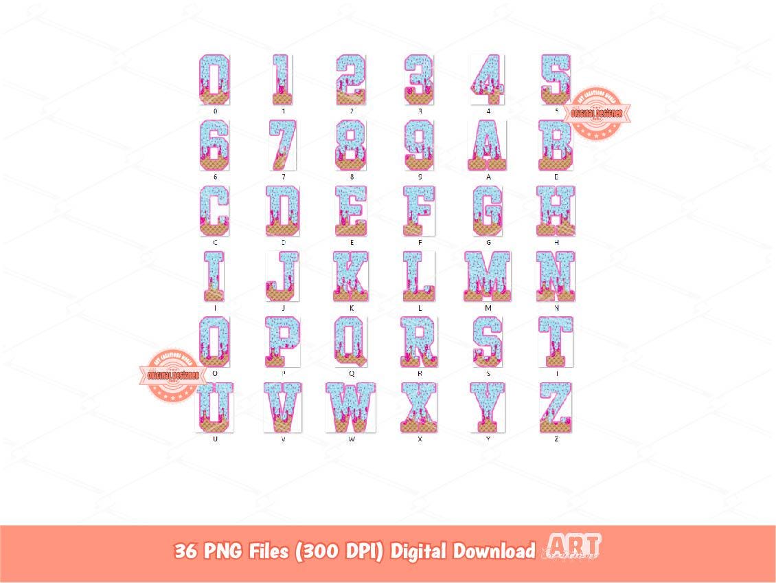 Sprinkle Drip Varsity Alphabet PNG, Drippy Pink & Blue Ice-Cream Sport letters, numbers 0-9 Clipart, Waffle Cone Alpha Set Digital Download