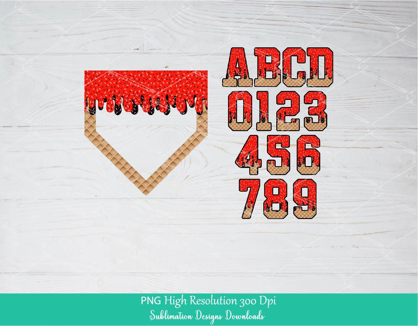 Sprinkle Drip Drip Home Alphabet Set PNG Bundle, Red & Black Drippy Ice cream Cone Waffle Trendy Sport Alpha Png, Letters and Number