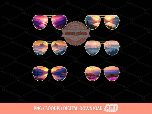 Mountain Sunglasses PNG Bundle, Camping Outdoor Forest Hiking Adventure Vacation Shirt Design, Bright Sunshine Nature Lovers Png Clipart