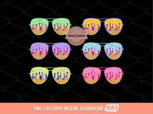 Sprinkle Drip Sunglasses PNG Bundle, Sweet Colorful Drippy Ice Cream Waffle Cone Glasses Clipart PNG Set Sublimation & dtf Digital Download