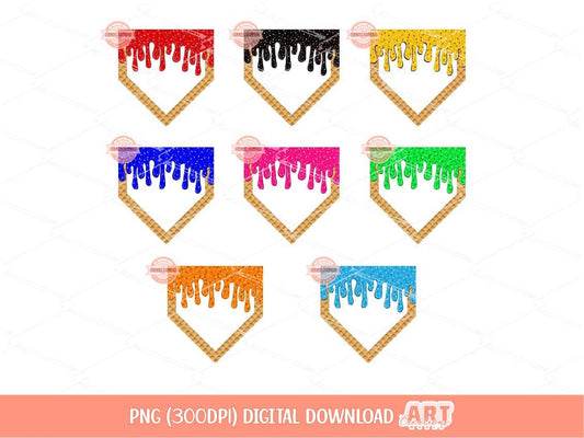 Sprinkle Drip Home Plate PNG Bundle, Red black Yellow Blue Pink Royal Blue Orange Green Baseball ice cream Clipart Png for Sublimation & Dtf