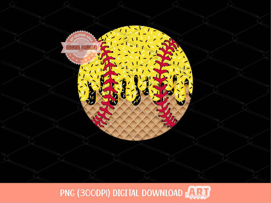 Sprinkle Drip Softball Ball PNG, Sweet Drippy Yellow Ice Cream waffle cone Sport ball Clipart Sublimation dtf Shirt Design Digital Download
