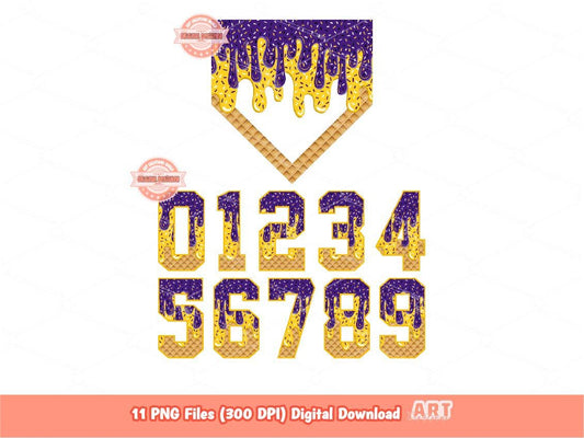 Sprinkle Drip Numbers & Home Plate PNG Bundle, Purple and Yellow Gold Baseball ice cream Dripping Clipart Png for Sublimation, Dtf Download