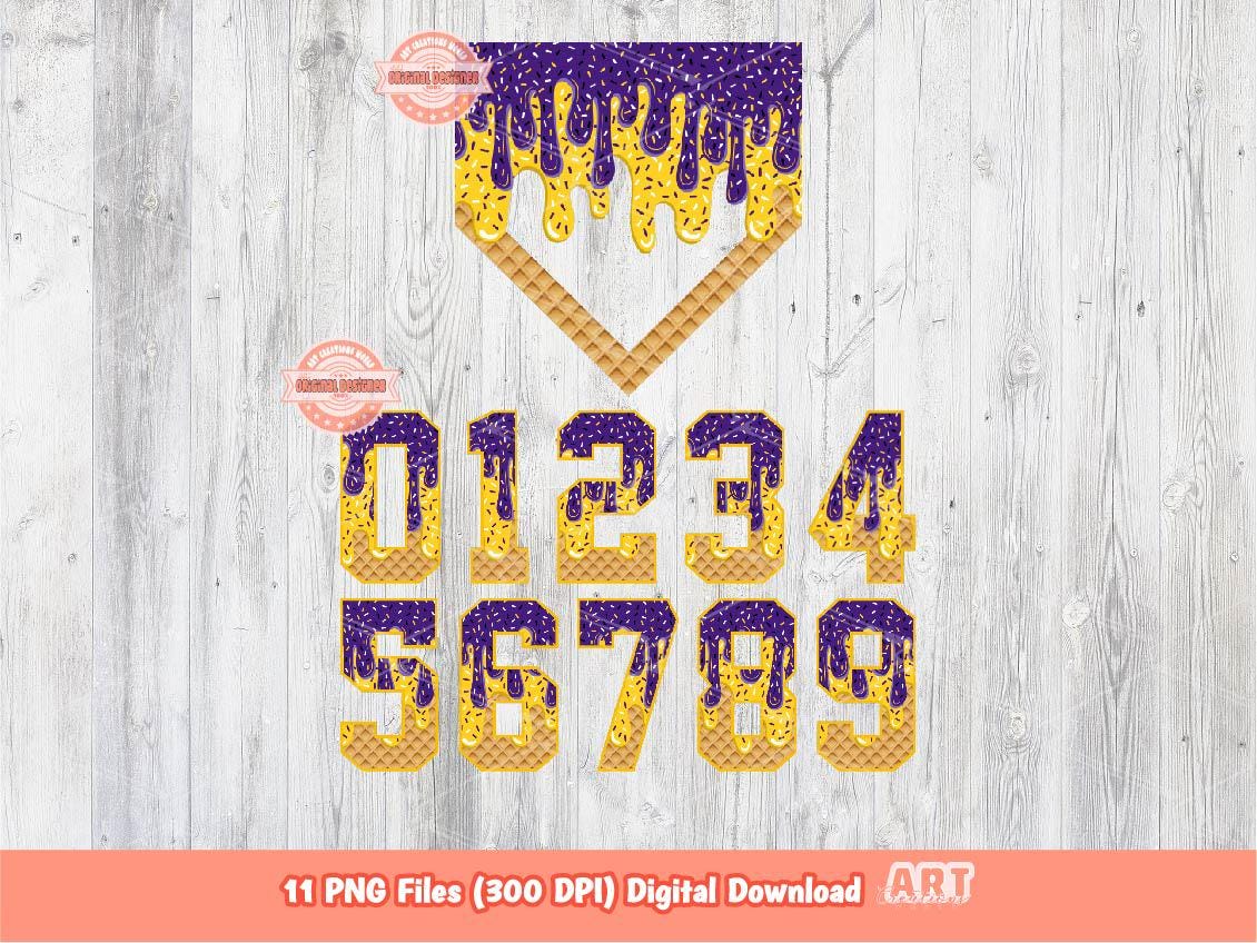 Sprinkle Drip Numbers & Home Plate PNG Bundle, Purple and Yellow Gold Baseball ice cream Dripping Clipart Png for Sublimation, Dtf Download