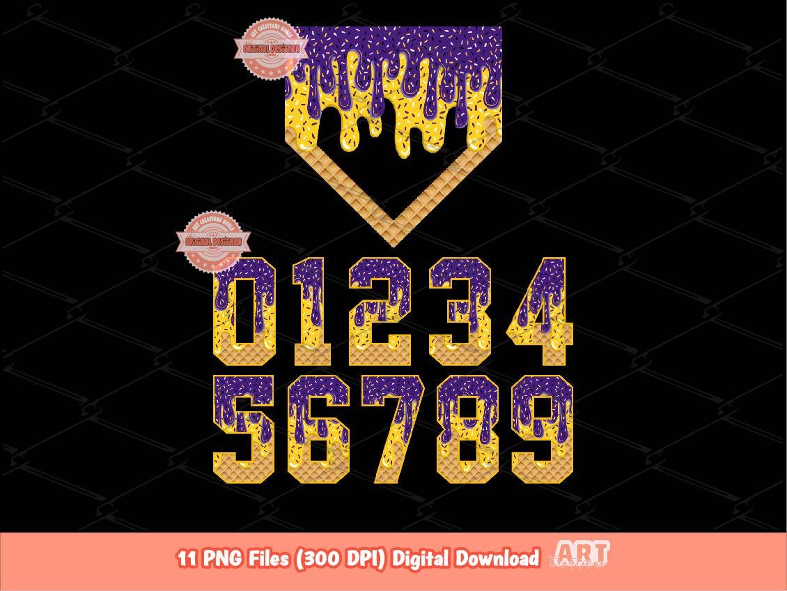 Sprinkle Drip Numbers & Home Plate PNG Bundle, Purple and Yellow Gold Baseball ice cream Dripping Clipart Png for Sublimation, Dtf Download
