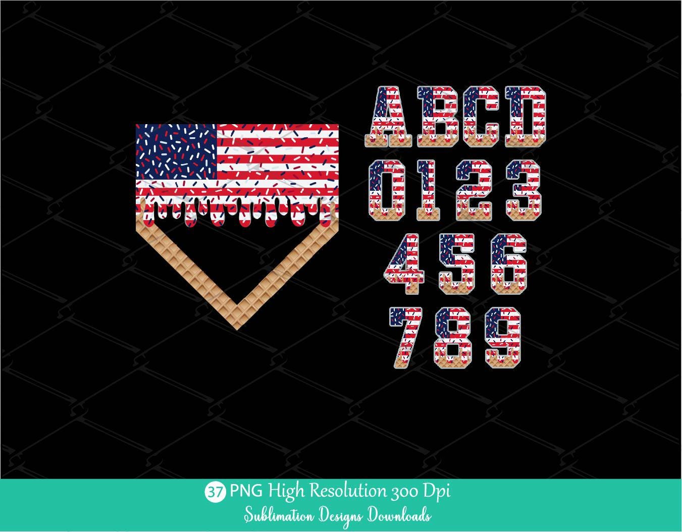 4th of July Sprinkle Drip Alphabet and Home Plate PNG Bundle, Red white and Navy Blue Dripping US Flag Patriotic Drippy Ice cream
