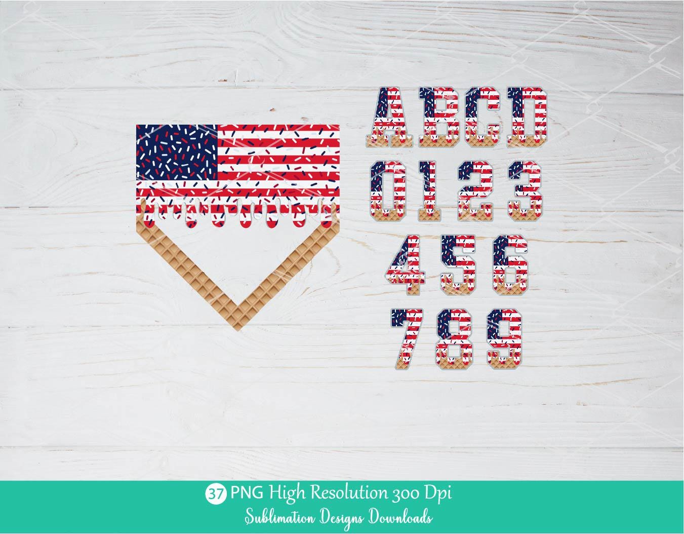 4th of July Sprinkle Drip Alphabet and Home Plate PNG Bundle, Red white and Navy Blue Dripping US Flag Patriotic Drippy Ice cream