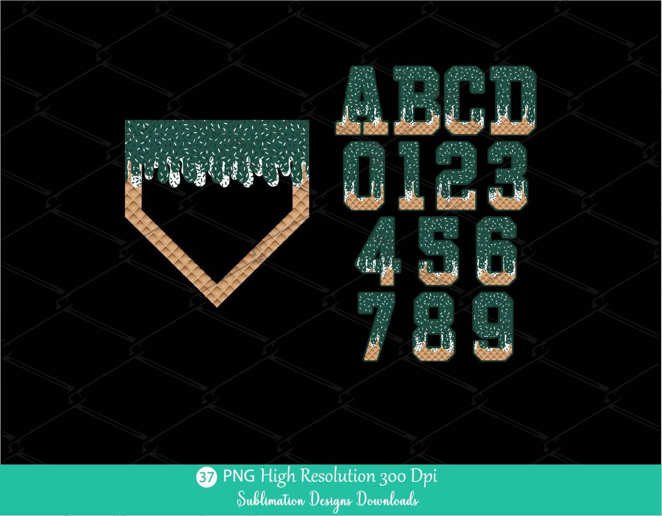 Forest Green Sprinkle Drip Home Plate Alphabet Set PNG Bundle, Dark Green and White Drippy Ice cream Cone Waffle Trendy Sport Alpha Letters