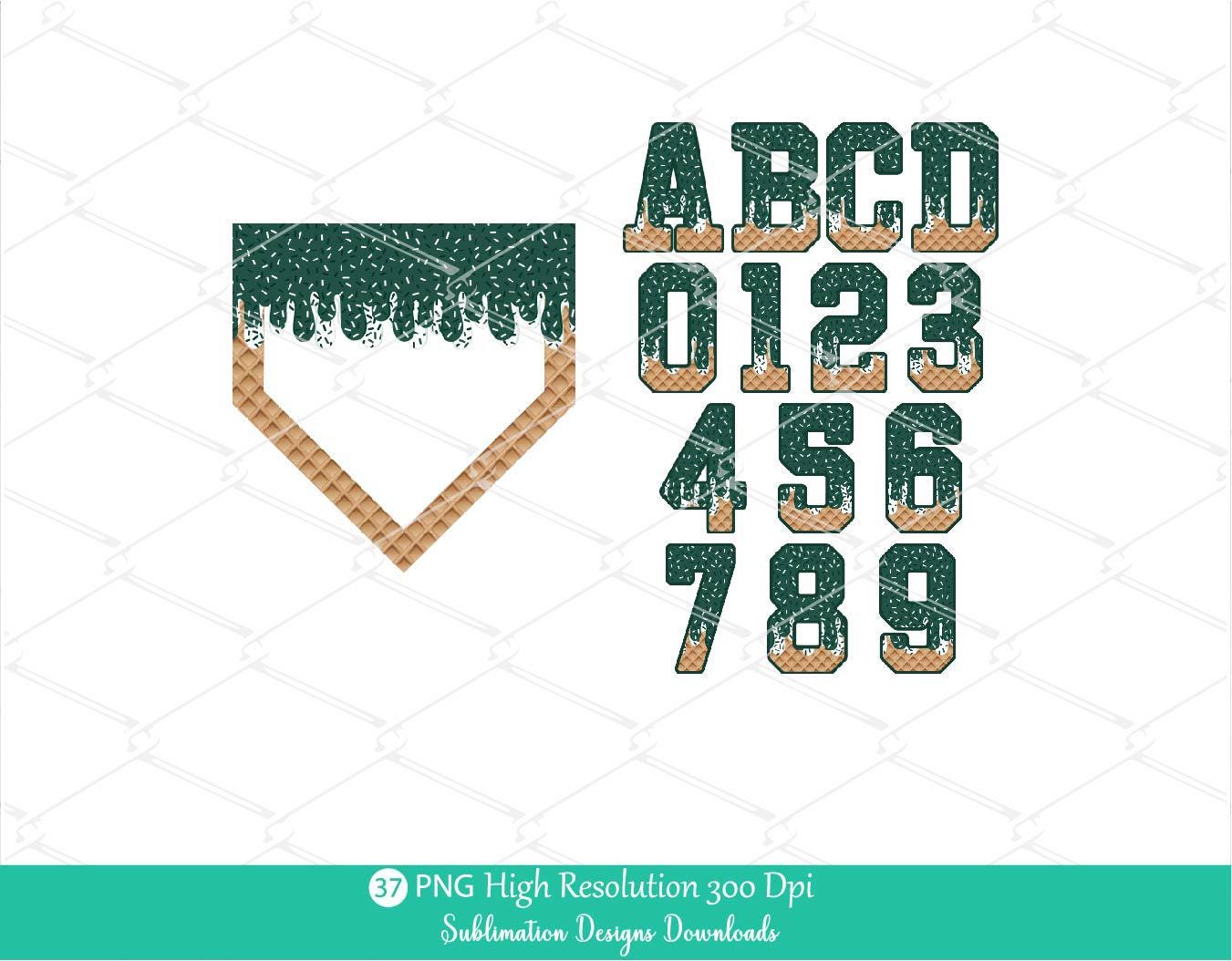 Forest Green Sprinkle Drip Home Plate Alphabet Set PNG Bundle, Dark Green and White Drippy Ice cream Cone Waffle Trendy Sport Alpha Letters
