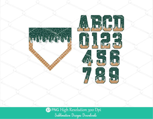Forest Green Sprinkle Drip Home Plate Alphabet Set PNG Bundle, Dark Green and White Drippy Ice cream Cone Waffle Trendy Sport Alpha Letters