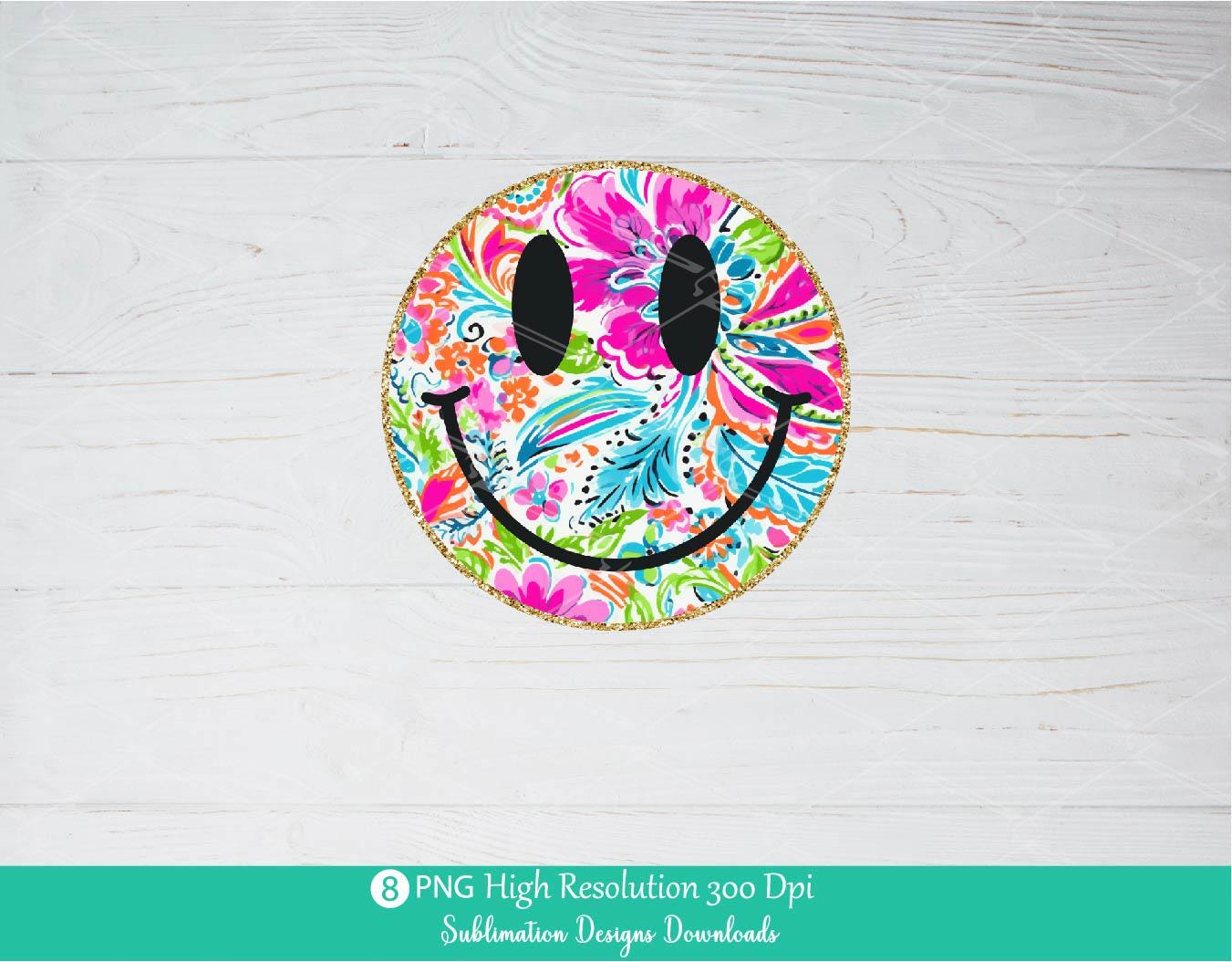 Floral Smiley Face PNG Bundle, Bright Vibrant colorful flowers Smile Faces with Gold Glitter Outline Happy Vibes Daisy Blue Chinoiserie