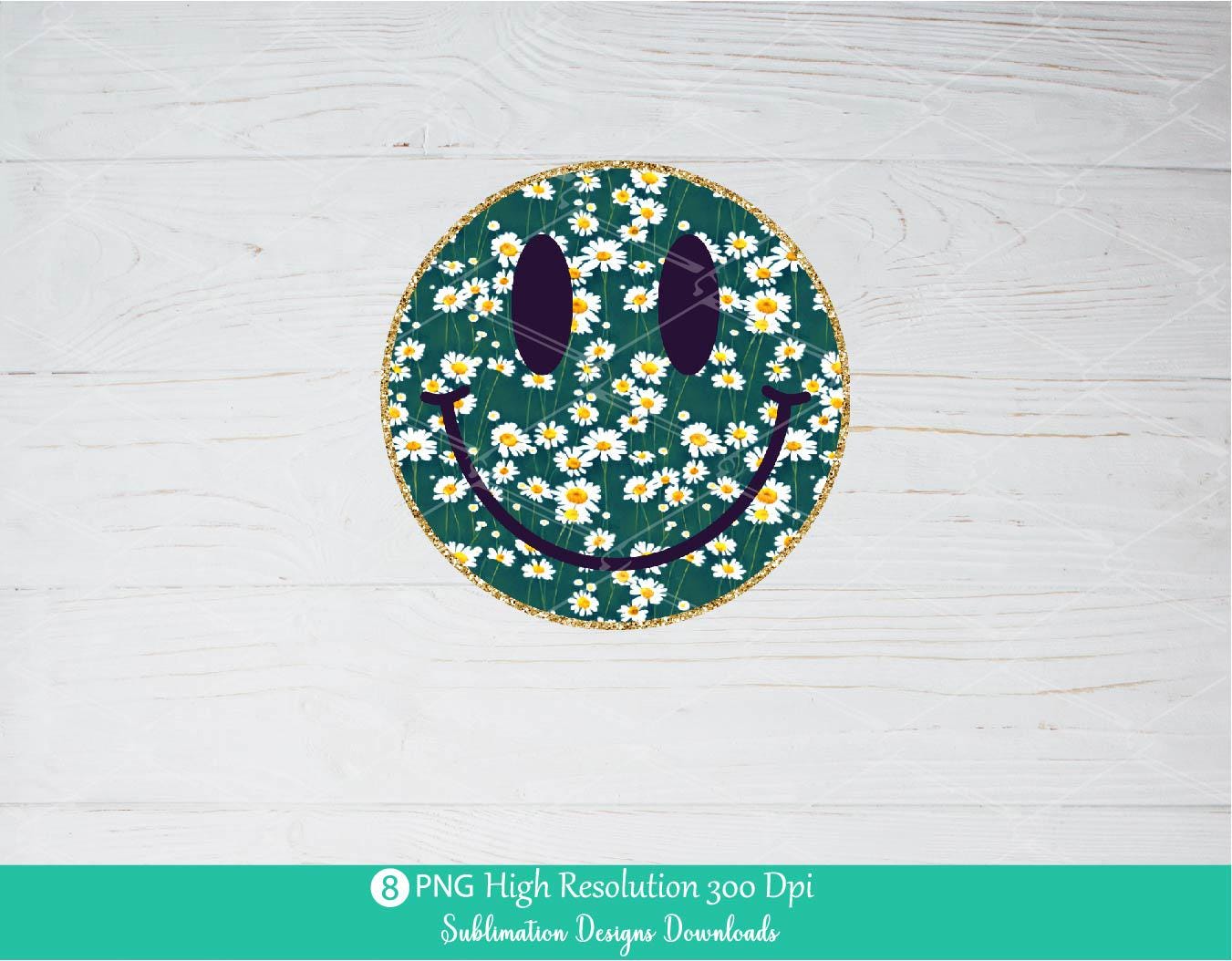 Floral Smiley Face PNG Bundle, Bright Vibrant colorful flowers Smile Faces with Gold Glitter Outline Happy Vibes Daisy Blue Chinoiserie