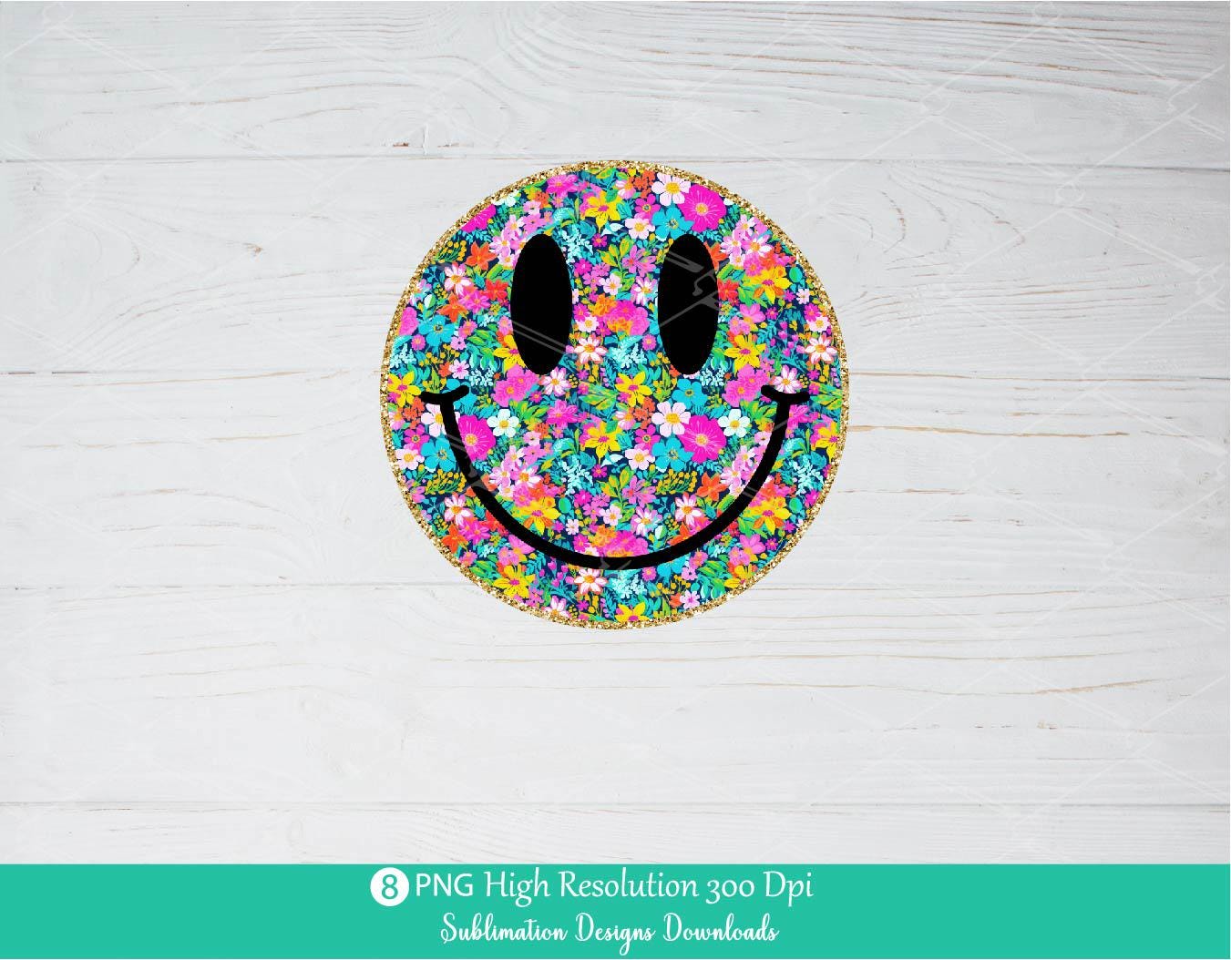 Floral Smiley Face PNG Bundle, Bright Vibrant colorful flowers Smile Faces with Gold Glitter Outline Happy Vibes Daisy Blue Chinoiserie