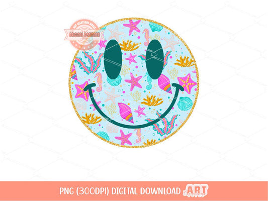 Preppy Under the Sea Smiley PNG, Bright Coastal Seahorse SeaShell Starfish Summer Ocean Smile Face Sublimation & dtf Design Digital Download