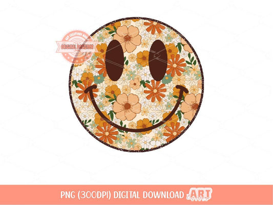 Retro Groovy Floral Smiley Face PNG, Preppy Fall Autumn Wild Flowers Smile Happy Face Trendy Sublimation & dtf Design Digital Download