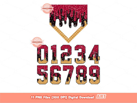 Sprinkle Drip Numbers & Home Plate PNG Bundle, Red and Black Baseball ice cream Dripping Clipart Png for Sublimation, Dtf Digital Download