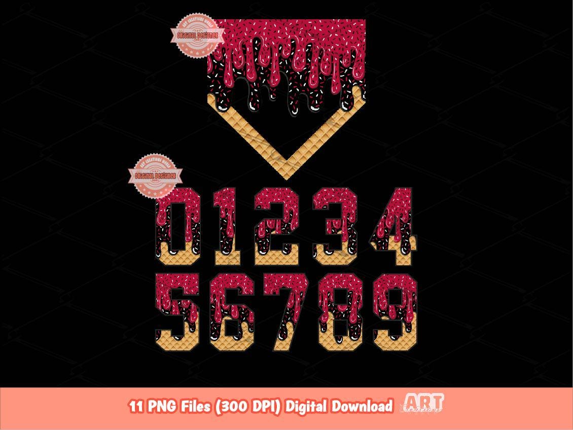 Sprinkle Drip Numbers & Home Plate PNG Bundle, Red and Black Baseball ice cream Dripping Clipart Png for Sublimation, Dtf Digital Download