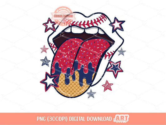 Sprinkle Drip Patriotic Baseball Tongue PNG, Drippy Red & Navy Blue ice cream waffle Lips Clipart Sublimation, dtf Design Digital Download