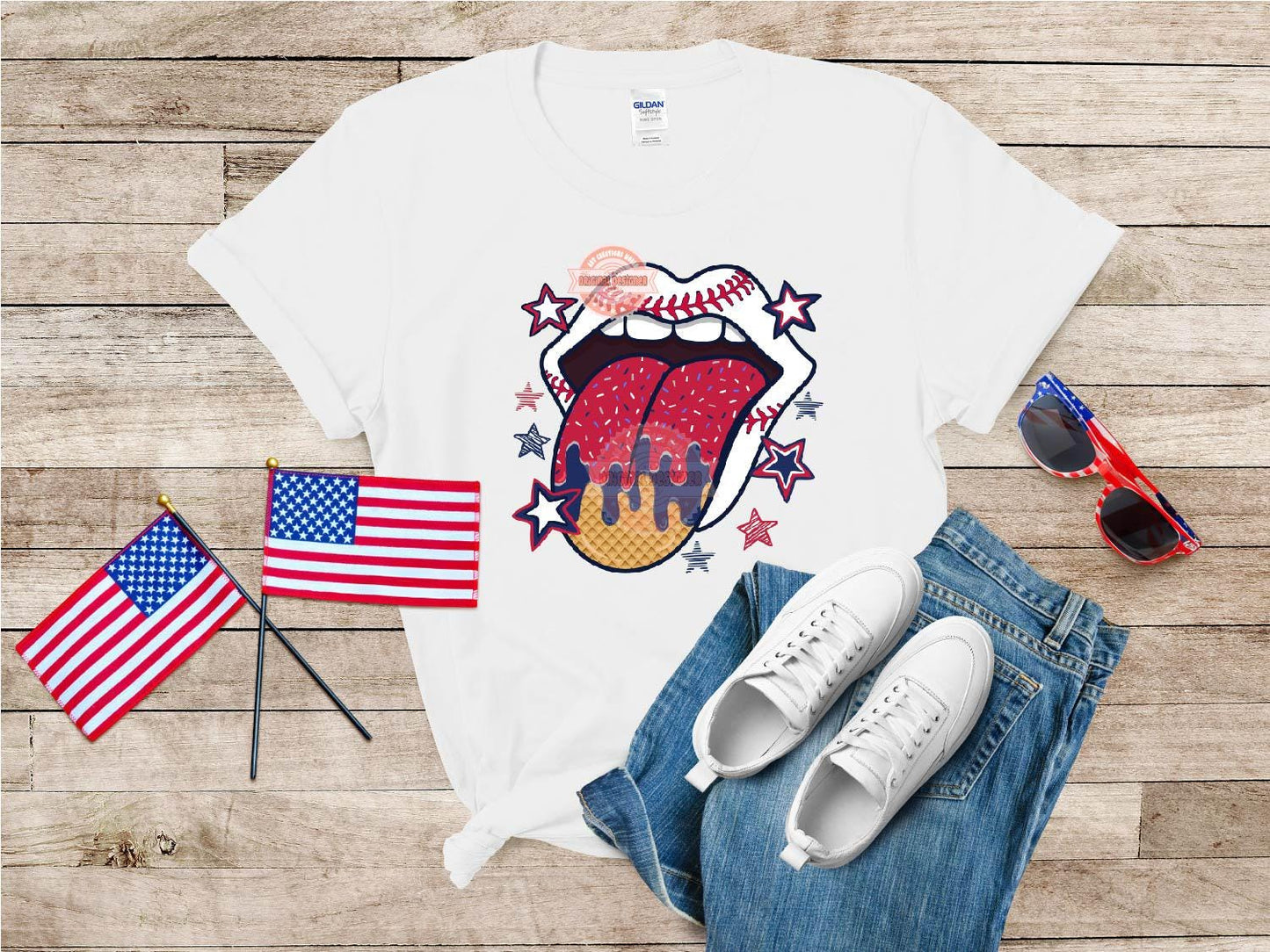 Sprinkle Drip Patriotic Baseball Tongue PNG, Drippy Red & Navy Blue ice cream waffle Lips Clipart Sublimation, dtf Design Digital Download