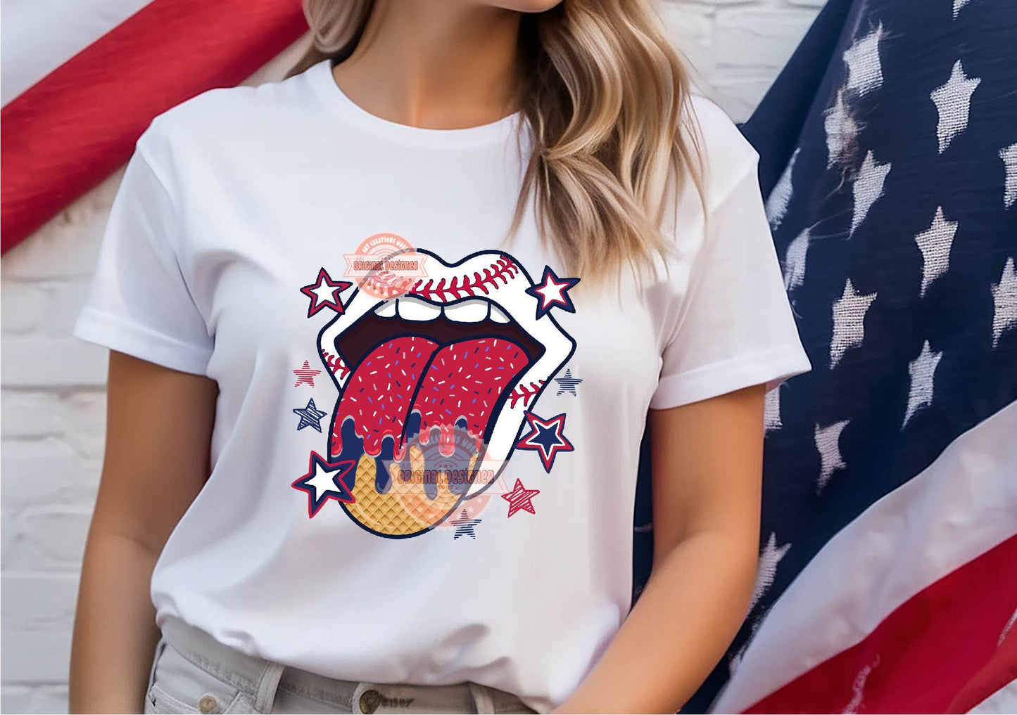 Sprinkle Drip Patriotic Baseball Tongue PNG, Drippy Red & Navy Blue ice cream waffle Lips Clipart Sublimation, dtf Design Digital Download