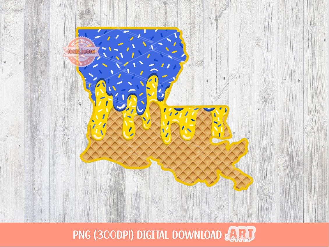 Blue Gold Sprinkle Drip Louisiana PNG, Custom Drippy Ice Cream US State Waffle Cone Png for Sublimation & dtf Shirt Design Digital Download